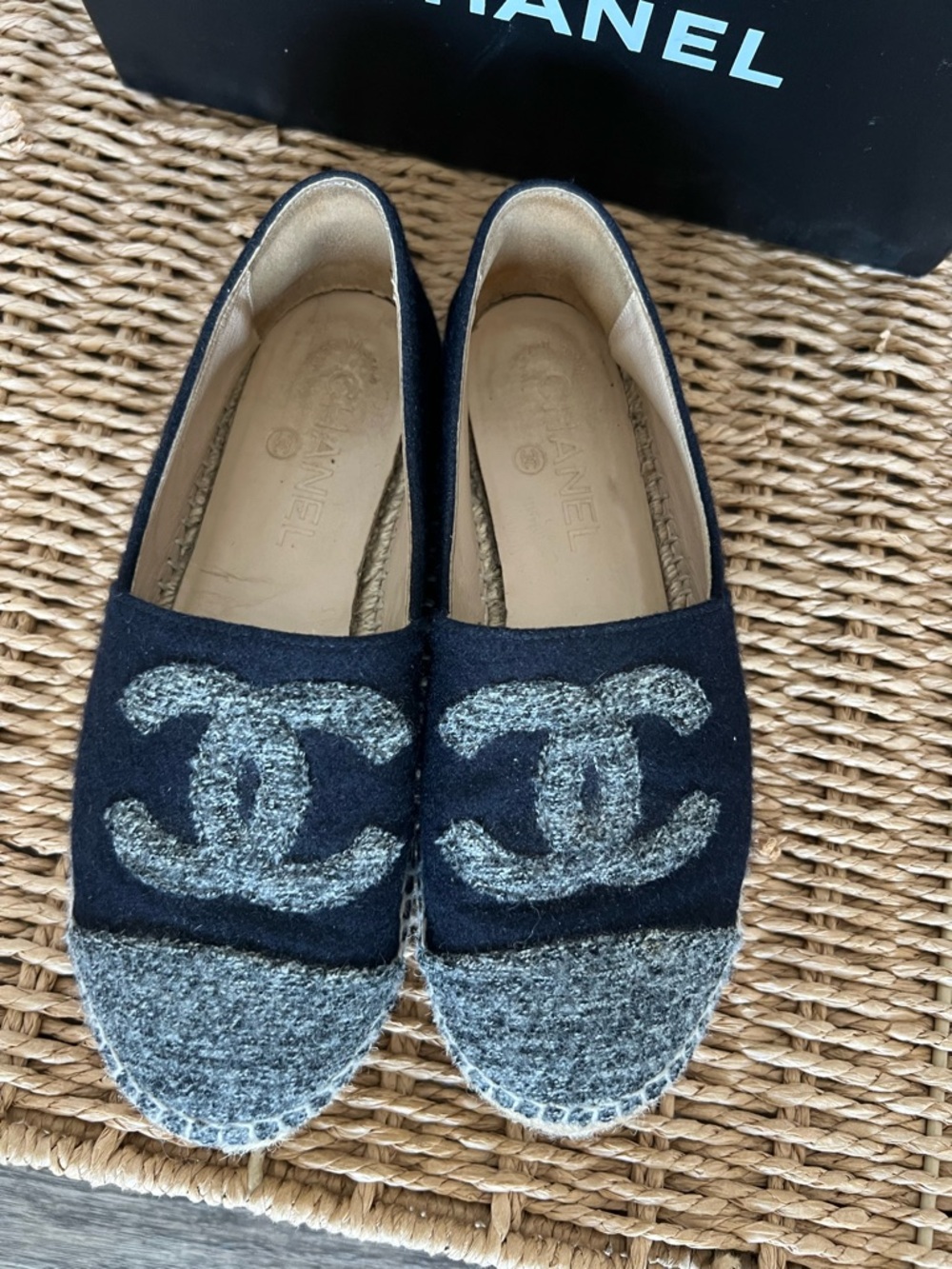 CHANEL Navy and Gray Tweed Logo Espadrille Flats